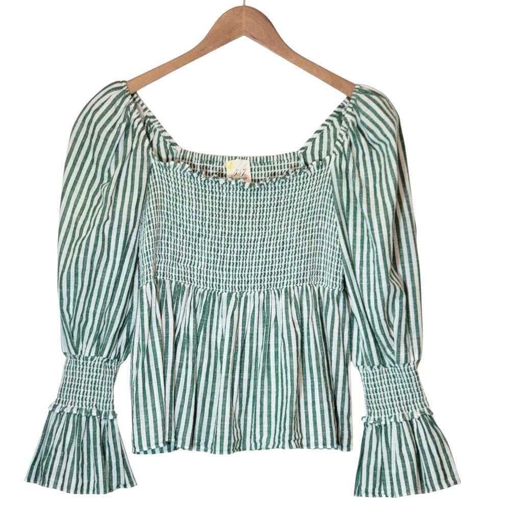 Cinq à Sept Adly Green White Stripe Smocked Puff Sleeve Peplum Top M - Picture 2 of 15